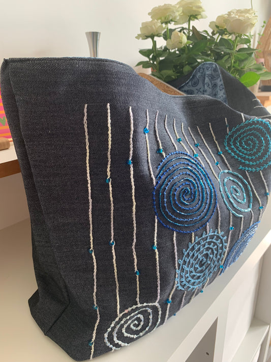 Cabas jean bleu spirales bleues