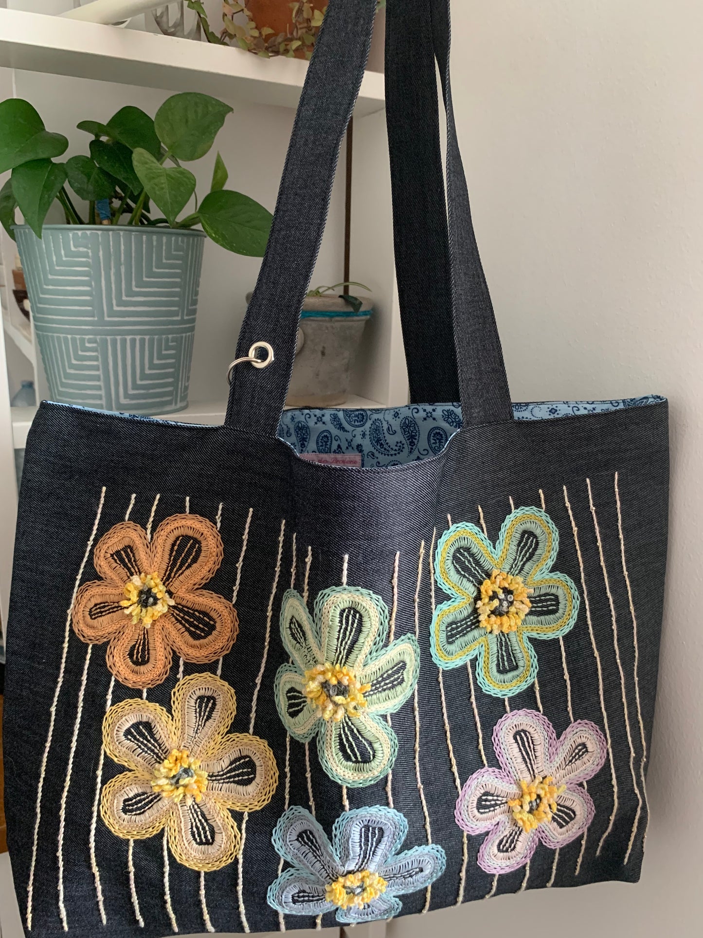 Cabas jean bleu fleurs pastel