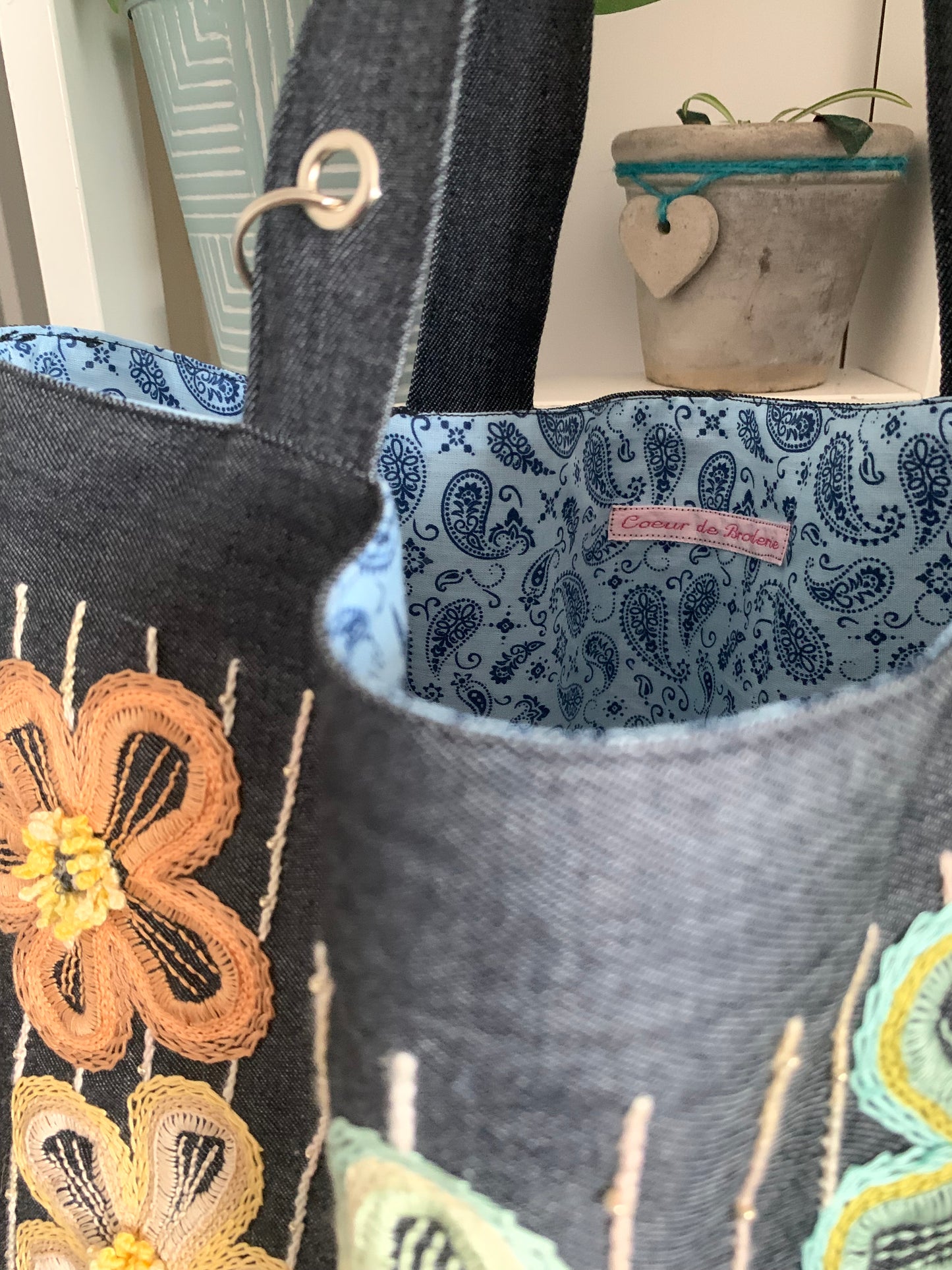 Cabas jean bleu fleurs pastel