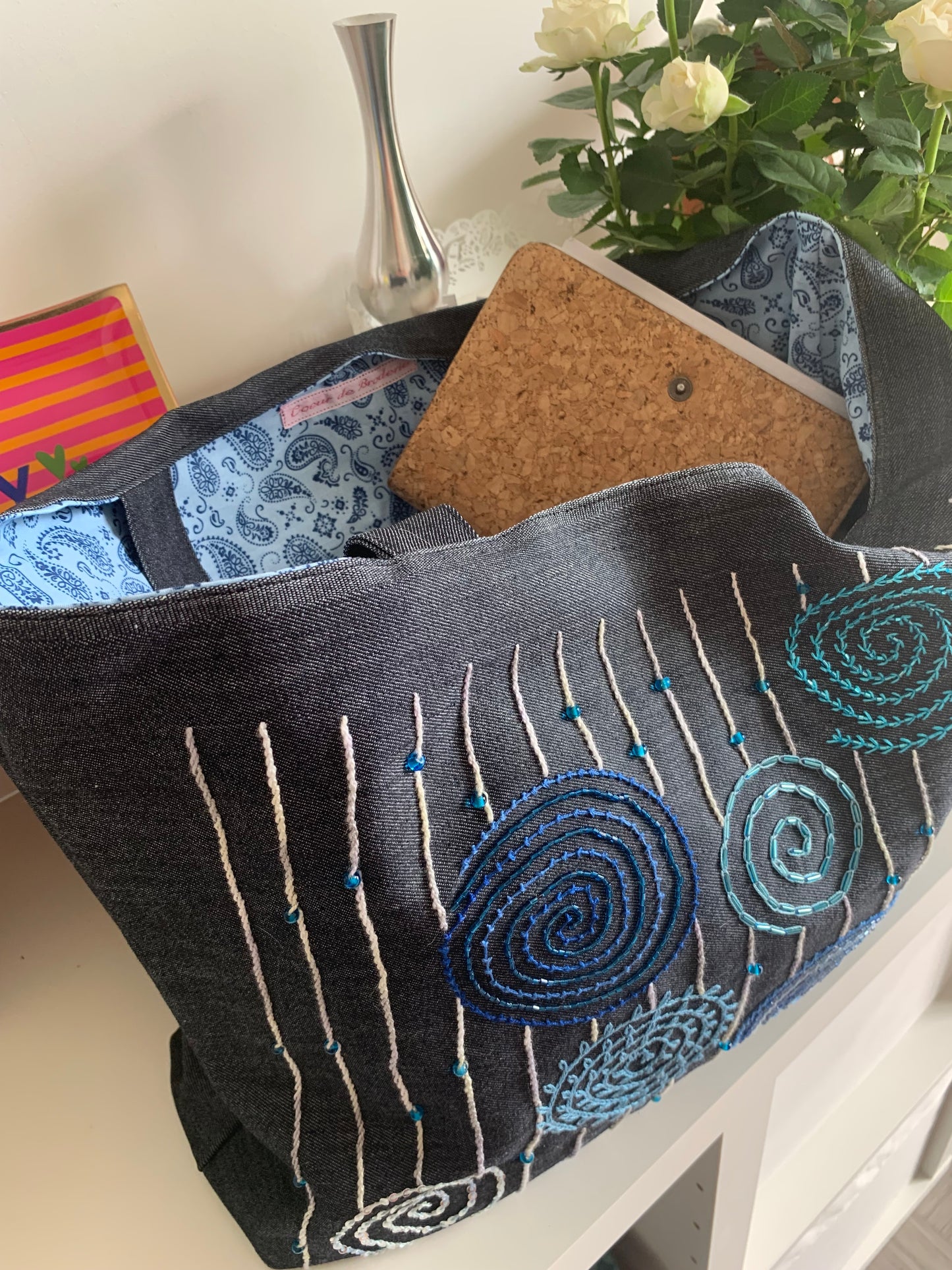 Cabas jean bleu spirales bleues