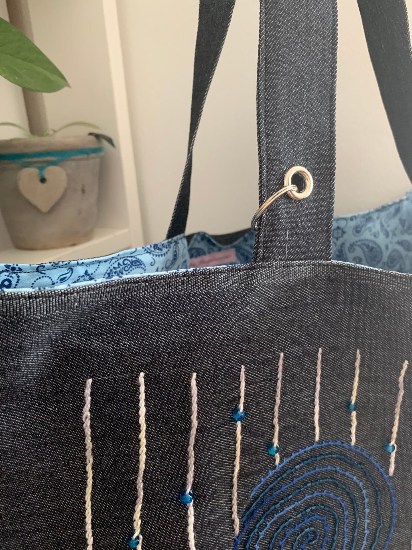 Cabas jean bleu spirales bleues