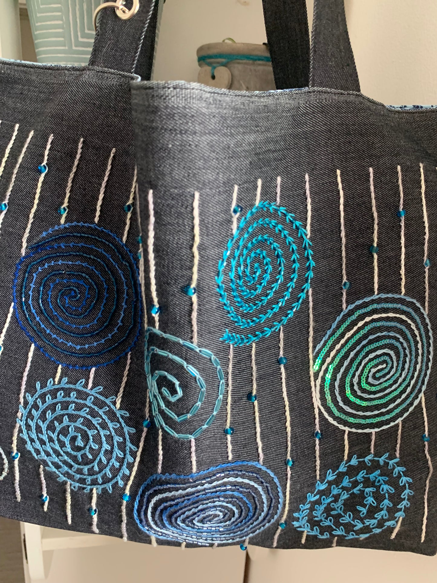 Cabas jean bleu spirales bleues