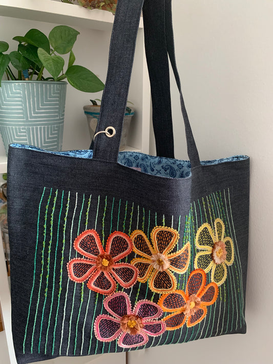 Cabas jean bleu fleurs acidulées