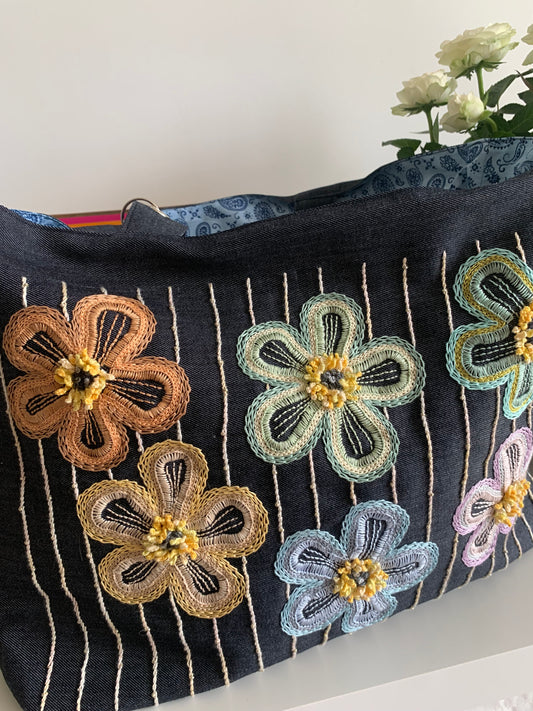 Cabas jean bleu fleurs pastel